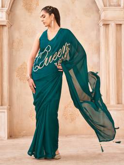Tikhi Imli - Green Colored Designer Saree with Queen Written On Shoulder with Faux Diamonds