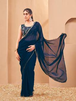 Tikhi Imli - Ready To Wear Navy Blue Designer Georgette Saree with Fancy Blouse