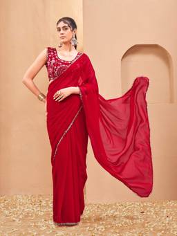 Tikhi Imli - Ready To Wear Red Designer Georgette Saree with Fancy Blouse