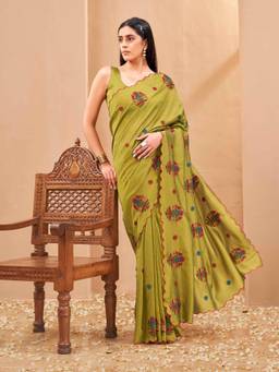 Tikhi Imli - Lime Green Colored Embroidered Saree with Scalloped Border