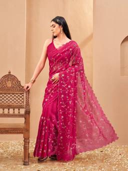 Tikhi Imli - Pink Colored Jari Embroidered Saree with Scalloped Border