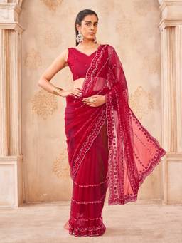 Tikhi Imli - Red Colored Designer Net Saree with Faux Moti Handwork