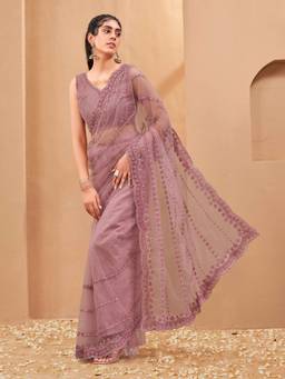 Tikhi Imli - Pink Colored Designer Net Saree with Faux Moti Handwork