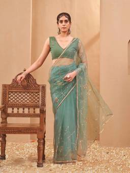 Tikhi Imli - Green Beads and Sequence Embroidered Designer Net Saree