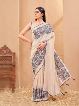 Tikhi Imli - Off White Colored Cross Stitch Embroidered Saree
