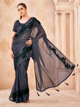 Tikhi Imli - Grey Colored Designer Embroidered Saree