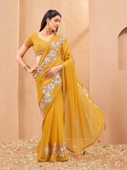 Tikhi Imli - Yellow Colored Designer Embroidered Saree