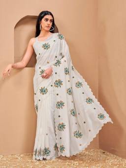 Tikhi Imli - Off White Colored Cross Stitch Embroidered Saree