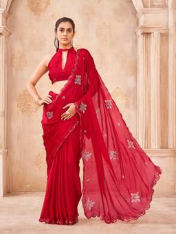 Tikhi Imli - Red Colored Saree with Scalloped Border