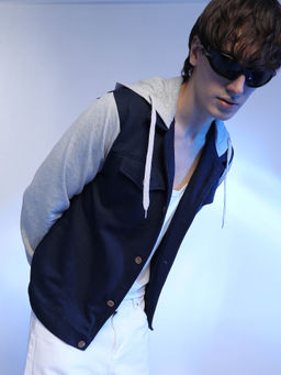 Campus Sutra - Men'S Grey and Navy Blue Button-Front Jacket with Contrast Detail