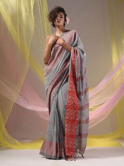 CHARUKRITI - Grey Cotton Handloom Soft Geometric Border Saree with Unstitched Blouse