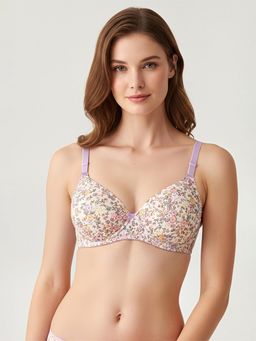 Clovia - Padded Non-Wired Full Coverage Floral Print Multiway T-Shirt Bra Multi-Color