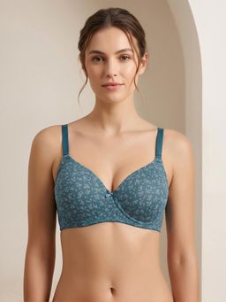 Clovia - Padded Non-Wired Full Coverage Leaf Print Multiway T-Shirt Bra Blue