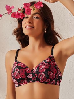 Clovia - Padded Non-Wired Full Coverage Floral Print Multiway T-Shirt Bra Red