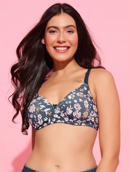 Clovia - Padded Non-Wired Full Coverage Floral Print Multiway T-Shirt Bra Navy Blue