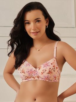 Clovia - Padded Non-Wired Full Coverage Floral Print Multiway T-Shirt Bra Peach