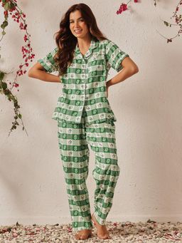 Clovia - Rayon Printed Button-Down Shirt And Pyjama Green