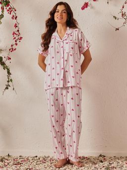 Clovia - Rayon Printed Button-Down Shirt And Pyjama White