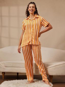 Clovia - Satin Striped Button-Down Shirt And Pyjama Orange
