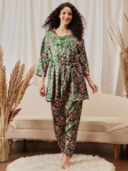 Clovia - Stin 3 Pc Fern Green - Cami Top, Pyjama And Robe