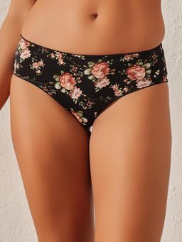 Clovia - Polyamide Mid Waist Floral Print Hipster Panty Black