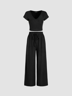 Buy Cider V-Neck Short Sleeve Tee and Knotted Wide Leg Pants Set (Set