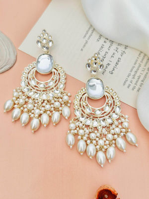 Abdesigns White Pearl Gold-Plated Kundan Studded Chandbali Earrings