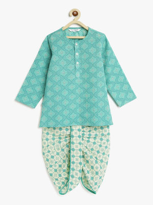 Campana Boys Bansi Dhoti Kurta Set - Floral Jaal Print - Brick Orange & Mustard