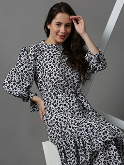 SHOWOFF - White Floral Drop-Waist Midi Dress