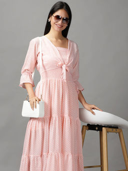 SHOWOFF - Peach Geometric Fit and Flare Maxi Dress Comes with Shrug Set Of 2