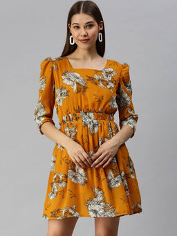 SHOWOFF - Mustard Floral A-Line Above Knee Dress
