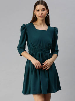 SHOWOFF - Green Solid A-Line Above Knee Dress