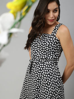 SHOWOFF - Black Polka Dots Fit and Flare Above Knee Dress