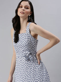 SHOWOFF - Blue Polka Dots Fit and Flare Above Knee Dress