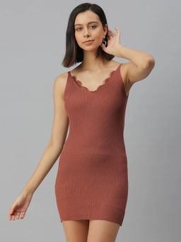 SHOWOFF - Rust Solid Bodycon Above Knee Dress