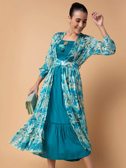 SHOWOFF - Turquoise Blue Solid Fit and Flare Midi Dress Comes with Shrug and Belt Set Of 3