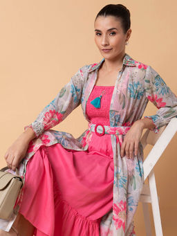 SHOWOFF - Pink Solid Fit and Flare Midi Dress Comes with Shrug and Belt Set Of 3