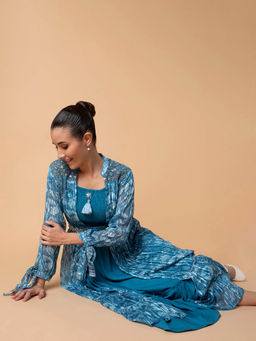 SHOWOFF - Blue Solid Fit and Flare Midi Dress Comes with Shrug and Belt Set Of 3