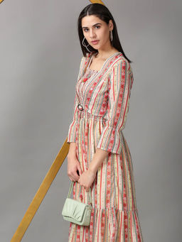SHOWOFF - Multi Striped Fit and Flare Midi Dress Comes with Shrug Set Of 2