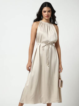 SHOWOFF - Beige Solid Sheath Midi Dress