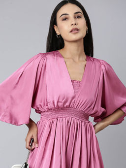 SHOWOFF - Pink Solid Fit and Flare Above Knee Dress Comes with Tube Set Of 2
