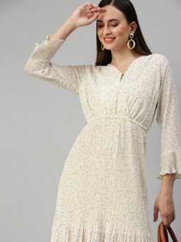 SHOWOFF - Cream Polka Dots Fit and Flare Midi Dress