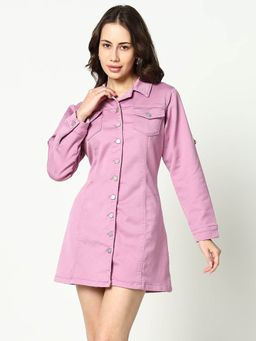 SHOWOFF - Purple Solid Denim Shirt Dress