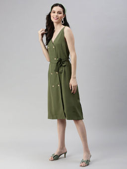 SHOWOFF - Olive Solid Shirt Midi Dress