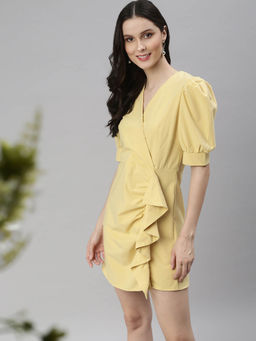 SHOWOFF - Yellow Solid Fit and Flare Knee Length Dress
