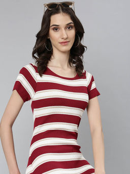 SHOWOFF - Maroon Striped Bodycon Above Knee Dress