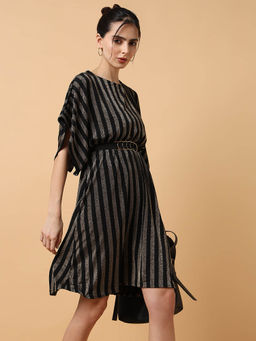 SHOWOFF - Copper Striped Kaftan Above Knee Dress Comes with Belt Set Of 2