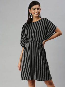 SHOWOFF - Silver Striped Kaftan Above Knee Dress Comes with Belt Set Of 2