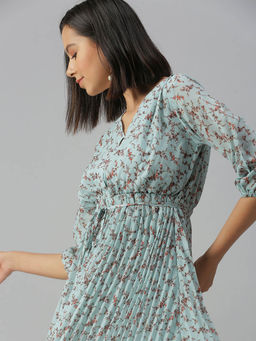 SHOWOFF - Blue Floral Fit and Flare Knee Length Dress