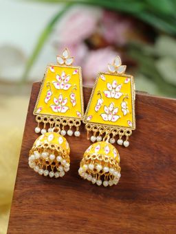 Zoey - Ethnic Gold Plated White Minakari Pearl Jhumkas Earrings